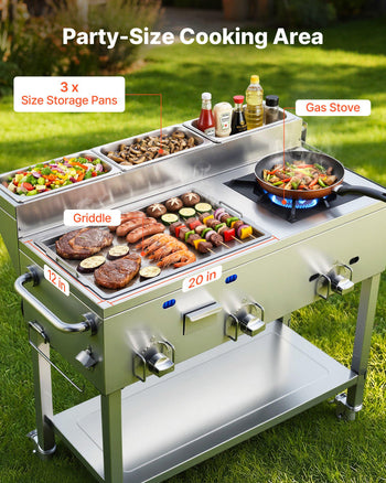 Outdoor Propane Griddle, 3 Burners (11,600 BTU Each), Commercial Stainless Steel Griddle with Three 1/3 Size Food Pans, Portable Cart with Wheels & Gas Stove, for Hot Dogs, Burgers & Meats