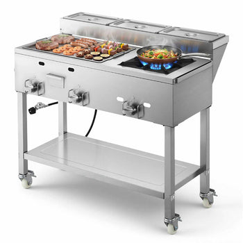 Outdoor Propane Griddle, 3 Burners (11,600 BTU Each), Commercial Stainless Steel Griddle with Three 1/3 Size Food Pans, Portable Cart with Wheels & Gas Stove, for Hot Dogs, Burgers & Meats