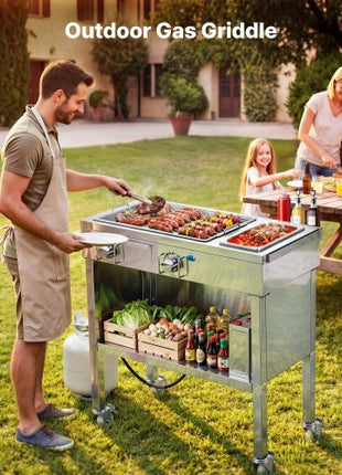Outdoor Propane Griddle, 2 Burners (11,600 BTU Each), Commercial Stainless Steel Gas Griddle Cart with 4 Lockable Wheels, 1/3 Food Pan, Easy-Grip Side Handle, Ideal for Hot Dogs, Burgers & Meats