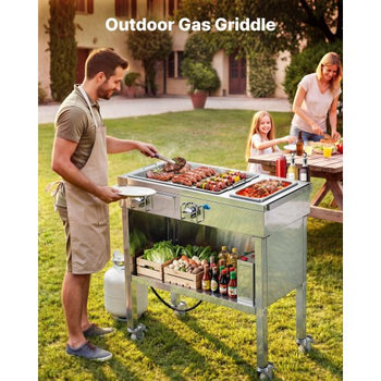 Outdoor Propane Griddle, 2 Burners (11,600 BTU Each), Commercial Stainless Steel Gas Griddle Cart with 4 Lockable Wheels, 1/3 Food Pan, Easy-Grip Side Handle, Ideal for Hot Dogs, Burgers & Meats