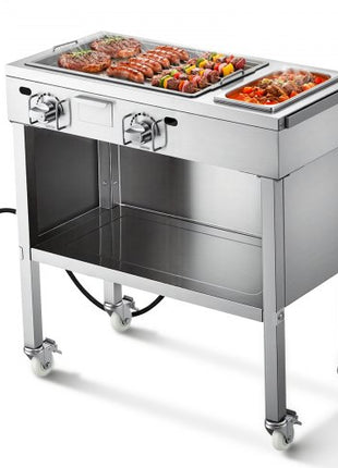Outdoor Propane Griddle, 2 Burners (11,600 BTU Each), Commercial Stainless Steel Gas Griddle Cart with 4 Lockable Wheels, 1/3 Food Pan, Easy-Grip Side Handle, Ideal for Hot Dogs, Burgers & Meats