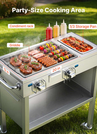 Outdoor Propane Griddle, 2 Burners (11,600 BTU Each), Commercial Stainless Steel Gas Griddle Cart with 4 Lockable Wheels, 1/3 Food Pan, Easy-Grip Side Handle, Ideal for Hot Dogs, Burgers & Meats