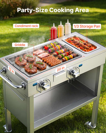 Outdoor Propane Griddle, 2 Burners (11,600 BTU Each), Commercial Stainless Steel Gas Griddle Cart with 4 Lockable Wheels, 1/3 Food Pan, Easy-Grip Side Handle, Ideal for Hot Dogs, Burgers & Meats