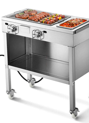 Outdoor Propane Griddle, 2 Burners (11,600 BTU Each), Commercial Stainless Steel Gas Griddle Cart with 4 Lockable Wheels, 1/3 Food Pan, Easy-Grip Side Handle, Ideal for Hot Dogs, Burgers & Meats