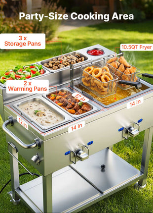 Outdoor Propane Deep Fryer, 2 Burners (11,600 BTU Each), Commercial Fryer with Two 1/3 Size Food Warming Pans, Multi-Purpose Frying Cart with 4 Lockable Wheels, for Fried Chicken & Fries