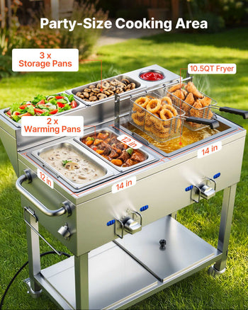 Outdoor Propane Deep Fryer, 2 Burners (11,600 BTU Each), Commercial Fryer with Two 1/3 Size Food Warming Pans, Multi-Purpose Frying Cart with 4 Lockable Wheels, for Fried Chicken & Fries