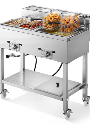 Outdoor Propane Deep Fryer, 2 Burners (11,600 BTU Each), Commercial Fryer with Two 1/3 Size Food Warming Pans, Multi-Purpose Frying Cart with 4 Lockable Wheels, for Fried Chicken & Fries