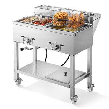 Outdoor Propane Deep Fryer, 2 Burners (11,600 BTU Each), Commercial Fryer with Two 1/3 Size Food Warming Pans, Multi-Purpose Frying Cart with 4 Lockable Wheels, for Fried Chicken & Fries