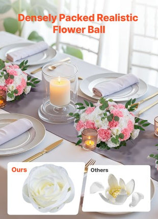Flower Ball Arrangement Bouquet 10 PCS, 17.7-Inch Diameter Artificial Flower Balls Wedding Table Centerpieces, Rose Arrangements for Wedding Centerpiece Home Decorations, Pink and White Roses