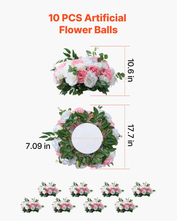 Flower Ball Arrangement Bouquet 10 PCS, 17.7-Inch Diameter Artificial Flower Balls Wedding Table Centerpieces, Rose Arrangements for Wedding Centerpiece Home Decorations, Pink and White Roses