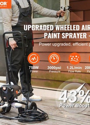 750W Stand Airless Paint Sprayer, 3000PSI High Efficiency Electric Airless Sprayer With Cart, Paint Sprayers for Home Interior and Exterior Furniture and Fences, Fine And Even Painting Effect