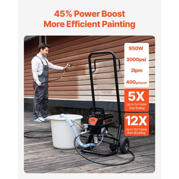 Stand Airless Paint Sprayer, 950W 3000PSI High Efficiency Electric Airless Sprayer With Cart, Paint Sprayers for Home Interior and Exterior Furniture and Fences, Fine And Even Painting Effect