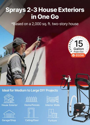 Stand Airless Paint Sprayer, 650W, 3000PSI High Pressure Airless Sprayer with Cart, Cleaning Brush, Hose, Extension Rod, Nozzles, Electric Spray Paint Machine for House Exterior and Interior