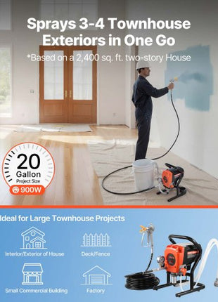 Stand Airless Paint Sprayer, 900W, 3300PSI High Pressure Airless Sprayer, Cleaning Brush, Hose, Extension Rod, Nozzles, Electric Spray Paint Machine for Interior or Exterior of House, Fence