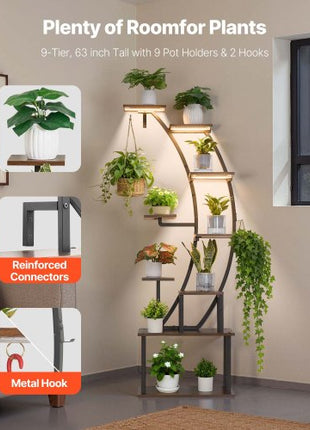 Plant Stand Indoor with Grow Lights, 63 in Tall 9-Tier Lighted Plant Shelf, Metal Corner Plants Holder, 3 Timer & 10 Brightness, Curve-Shaped Flower Display Rack for Living Room Balcony Decor