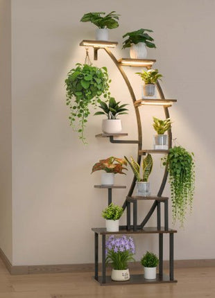 Plant Stand Indoor with Grow Lights, 63 in Tall 9-Tier Lighted Plant Shelf, Metal Corner Plants Holder, 3 Timer & 10 Brightness, Curve-Shaped Flower Display Rack for Living Room Balcony Decor