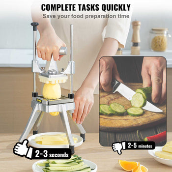 Stainless steel food cutter with adjustable height, quickly slices fruits and vegetables in 2-3 seconds.