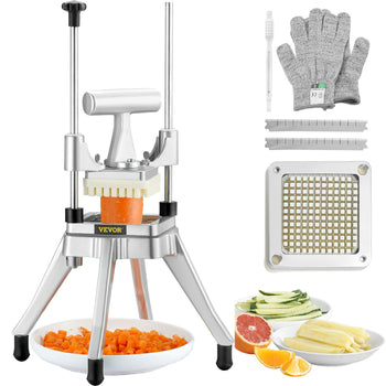 Stainless steel food slicer with adjustable blades, includes protective gloves and cleaning brush, perfect for prepping fruits and veggies.