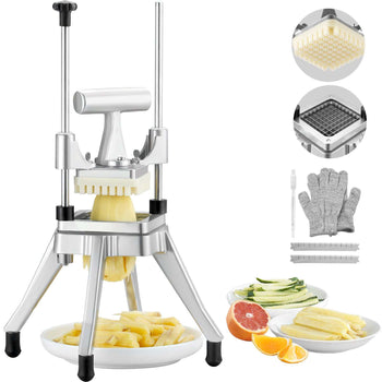 Stainless steel fruit and vegetable slicer with adjustable blades, includes protective gloves, ideal for home cooking.