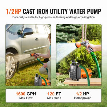 Cast Iron Water Transfer Pump, 115V AC 1600 GPH 1/2HP, Portable Electric Utility Pump with Carbon Brush, Filter, Brass Connectors, for Garden, Rain Barrel, Pool, Pond, Hot Tub, Aquarium Draining