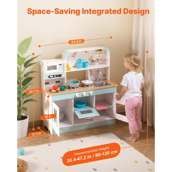 Play Kitchen for Kids, Wooden Toy Kitchen Set with Lights and Sounds, Toddler Kitchen with Ice Maker, Oven, Sink, Microwaves, Fridge and Utensil and Fruit Accessory for Toddlers ages 3-8, White