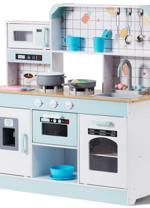 Play Kitchen for Kids, Wooden Toy Kitchen Set with Lights and Sounds, Toddler Kitchen with Ice Maker, Oven, Sink, Microwaves, Fridge and Utensil and Fruit Accessory for Toddlers ages 3-8, White