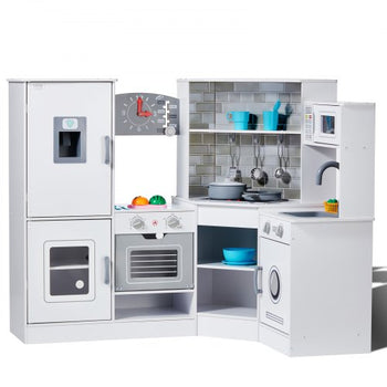 Corner Wooden Play Kitchen, Toy Set with Lights and Sounds, Toddler Kitchen with Ice Maker, Oven, Sink, Clock, Microwaves, Refrigerator and Accessories, for Toddlers, Preschoolers, White
