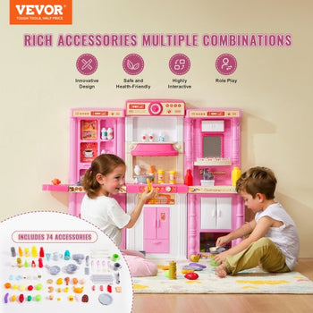 Kids Kitchen Playset, 3-in-1 Toddler Kitchen with Simulated Spray, Sounds and Lights, Play Kitchen Set with 74 PCS Cooking Accessory Set for Toddlers, Preschoolers, Children Ages 3-8, Pink