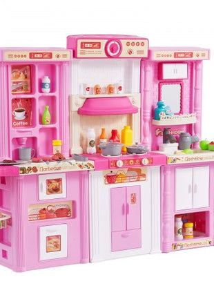 Kids Kitchen Playset, 3-in-1 Toddler Kitchen with Simulated Spray, Sounds and Lights, Play Kitchen Set with 74 PCS Cooking Accessory Set for Toddlers, Preschoolers, Children Ages 3-8, Pink