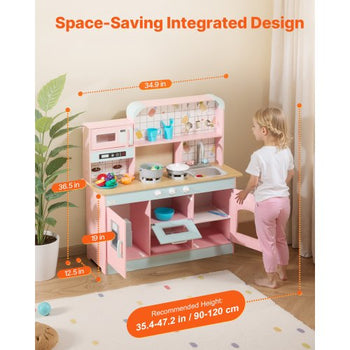 Play Kitchen for Kids, Wooden Toy Kitchen Set with Lights and Sounds, Toddler Kitchen with Ice Maker, Oven, Sink, Microwaves, Fridge and Utensil and Fruit Accessory for Toddlers ages 3-8,Pink