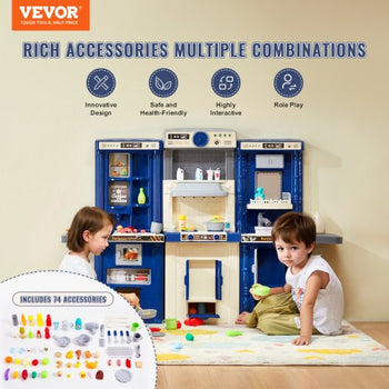Kids Kitchen Playset, 3-in-1 Toddler Kitchen with Simulated Spray, Sounds and Lights, Play Kitchen Set with 74 PCS Cooking Accessory Set for Toddlers, Preschoolers, Children Ages 3-8, Blue