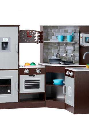 Corner Wooden Play Kitchen, Toy Set with Lights and Sounds, Toddler Kitchen with Ice Maker, Oven, Sink, Clock, Microwaves, Refrigerator and Accessories, for Toddlers, Preschoolers, Brown