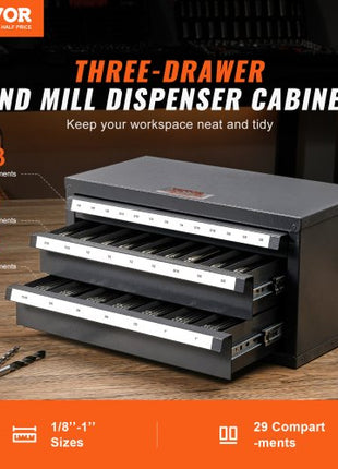 Three-Drawer Steel Cabinet for End Mill Organization, Accommodates 1/8" to 1", Features 29 Compartments with Labels, Stackable Design for Efficient Storage