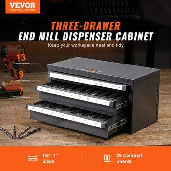 Three-Drawer Steel Cabinet for End Mill Organization, Accommodates 1/8" to 1", Features 29 Compartments with Labels, Stackable Design for Efficient Storage