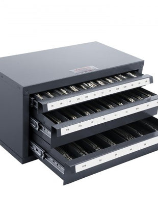 Three-Drawer Steel Cabinet for End Mill Organization, Accommodates 1/8" to 1", Features 29 Compartments with Labels, Stackable Design for Efficient Storage