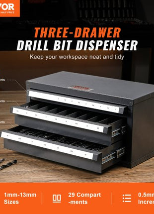 Drill Bit Dispenser Cabinet, Three-Drawer Drill Bit Organizer Cabinet for 1mm to 13mm, Steel Drill Dispenser Organizer Cabinet with Labels, Stackable Drill Dispenser for Drill Bit Storage