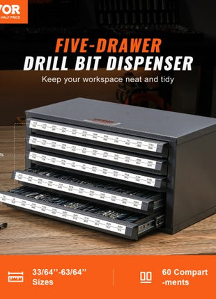 Drill Bit Dispenser Cabinet, Five-Drawer Drill Bit Organizer Cabinet for 33/64" to 63/64" Steel Drill Dispenser Organizer Cabinet with Labels, Stackable Drill Dispenser for Drill Bit Storage