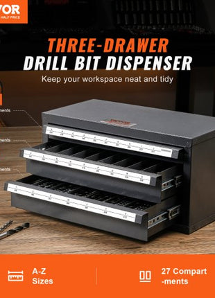 Drill Bit Dispenser Cabinet, Three-Drawer Drill Bit Organizer Cabinet for A to Z, Steel Drill Dispenser Organizer Cabinet with Labels, Stackable Drill Dispenser for Drill Bit Storage