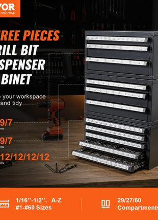 Drill Bit Dispenser Cabinet, 3 Pieces Three-Drawer for 1/16" to 1/2" & Letter Sizes A to Z, Five-Drawer Drill Bit Organizer for Wire Gauge Sizes #1 to #60, Stackable for Drill Bit Storage