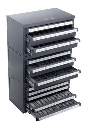 Drill Bit Dispenser Cabinet, 3 Pieces Three-Drawer for 1/16" to 1/2" & Letter Sizes A to Z, Five-Drawer Drill Bit Organizer for Wire Gauge Sizes #1 to #60, Stackable for Drill Bit Storage