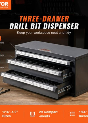Drill Bit Dispenser Cabinet, Three-Drawer Drill Bit Organizer Cabinet for 1/16" to 1/2", Steel Drill Dispenser Organizer Cabinet with Labels, Stackable Drill Dispenser for Drill Bit Storage