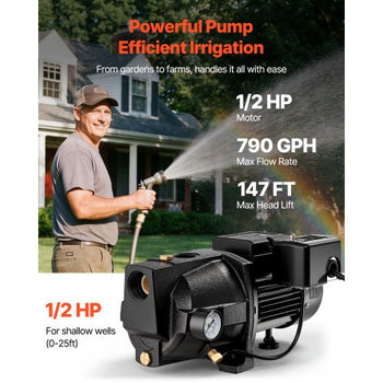 1/2 HP Shallow Well Jet Pump, AC 115/230 Volt, 790 GPH Dual Voltage Cast Iron Well Jet Pump, with 147 ft Max Head Lift, Automatic Pressure Switch, for Garden Irrigation Lawn Sprinkler System