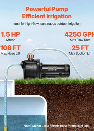 1.5 HP Shallow Well Jet Pump, AC 115/230 Volt, 4250 GPH Dual Voltage Cast Iron Well Jet Pump, with 108 ft Max Head Lift, Easy Voltage Switching, for Garden Irrigation, Lawn Sprinkler System