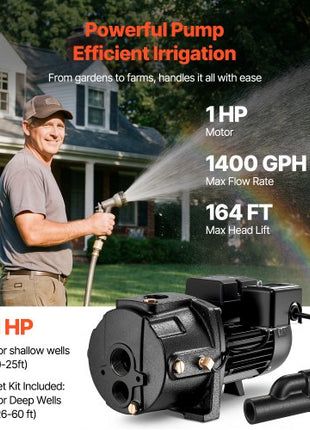 1 HP Shallow Well Jet Pump, AC 115/230 Volt, 1400 GPH Dual Voltage Cast Iron Well Jet Pump, with 164 ft Max Head Lift, Automatic Pressure Switch, for Garden Irrigation Lawn Sprinkler System