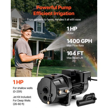 1 HP Shallow Well Jet Pump, AC 115/230 Volt, 1400 GPH Dual Voltage Cast Iron Well Jet Pump, with 164 ft Max Head Lift, Automatic Pressure Switch, for Garden Irrigation Lawn Sprinkler System