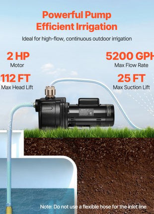 2 HP Shallow Well Jet Pump, 230 Volt, 5200 GPH Cast Iron Well Jet Pump, with 112 ft Max Head Lift, Check Valve, Thermal Protection, Automatic On/Off, for Garden Irrigation Lawn Sprinkler System