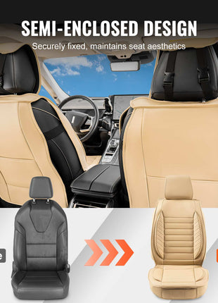 Seat Covers, Universal Car Seat Covers Front Seats, 2pcs Faux Leather Seat Cover, Semi-enclosed Design, Detachable Headrest and Airbag Compatible, for Most Cars SUVs and Trucks Beige