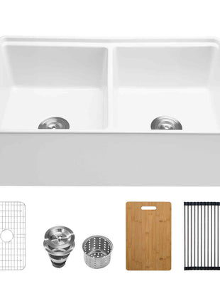 33x20 inch Farmhouse Sink, White Sink Workstation, Fireclay Undermount Basins, Apron Front Double Bowl Basin with Multiple Accessories, Large Capacity Household Dishwasher Sinks for Kitchen