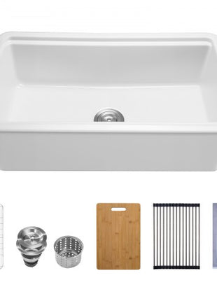 33x19 inch Farmhouse Sink, White Sink Workstation, Fireclay Topmount Undermount Basin, Drop-In Single Bowl Basin with Multiple Accessories, Large Capacity Household Dishwasher Sinks for Kitchen