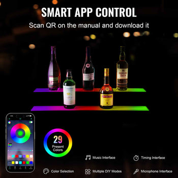 Smart app-controlled LED bar lights with 29 colors, ideal for home bars, parties, and events; sleek and modern design.